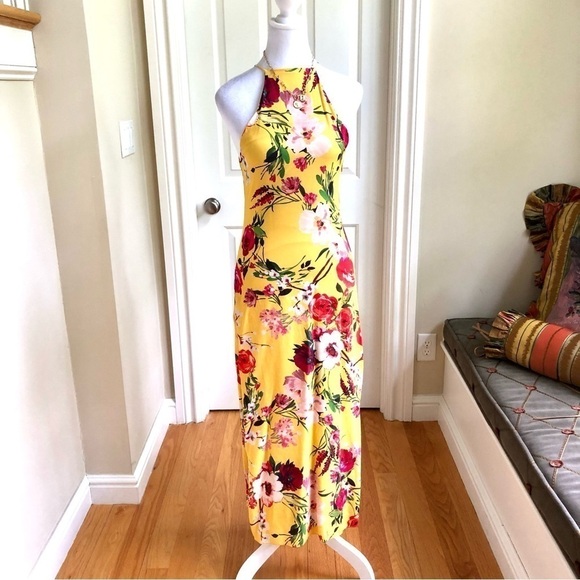 Privacy Please Dress Maxi Floral High Neck Side Slits Yellow Multi (XS) - Picture 1 of 8